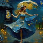 Woman in Blue Floral Dress with Yellow Umbrella in Rainy Meadow