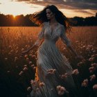 Woman in floral dress standing in flower field at sunset