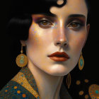 Dark-haired woman in vintage hairstyle with dramatic makeup and gold earrings on dark background