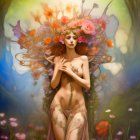 Fantasy-inspired scene with woman in floral crown, surrounded by nature and mystical forest.