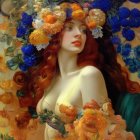 Colorful Woman with Red Hair and Flowers in Starry Floral Scene