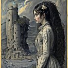 Woman with flower crown and dark hair at ancient castle under moonlit sky