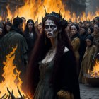 Red-haired woman in gothic attire at fiery crowd scene