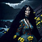 Woman with Long Black Hair Standing by Waterfall Adorned with Florals