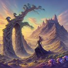 Surreal landscape with giant wolf, raven-headed woman, colorful flora, twilight sky, floating