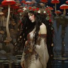 Surreal artwork: Woman with long hair in mushroom forest outfit