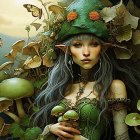 Green-skinned forest being with pointed ears in wide-brimmed hat, surrounded by nature