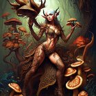 Female humanoid creature with elf-like ears in mushroom-patterned attire in mystical forest with giant mushrooms.