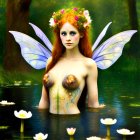 Fantasy illustration: fairy with translucent wings, red hair, floral crown, surrounded by water lilies