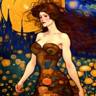 Stylized painting of woman in floral dress against Van Gogh-inspired background