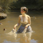 Woman sitting in shallow water holding sandals surrounded by nature and sunlight.