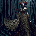 Woman in ornate brown dress with floral headpiece in mystical forest among tall trees