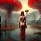 Nude woman in swampy forest with red-capped mushrooms and falling petals