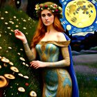 Fantastical woman in golden gown in enchanted forest with moon and stars