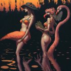 Stylized women in flamingo-themed attire at sunset by water