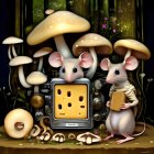 Illustration of two mice with human-like traits using magical toaster among oversized nature elements