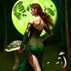 Woman in green fantasy dress under glowing green moons in forest