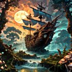 Fantastical landscape with ship on floating landmass and misty mountains