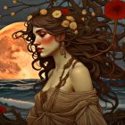 Ethereal woman with floral hair adornments under moon by sea