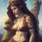 Fantasy Artwork: Elf Woman with Floral Crown in Ancient Ruins