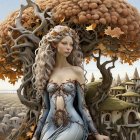 Fantasy illustration of winged female with tree-like features in forest landscape