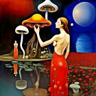 Surreal illustration of woman in red dress with oversized mushrooms and moonlit landscape