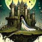 Woman in white dress at fairytale castle on floating island with butterflies and glowing flowers under starry