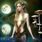 Nature-inspired female figure with greenery and flowers, surrounded by glowing mushrooms and jellyfish