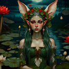 Fantasy illustration of green-haired female in tranquil pond with lotuses