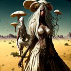 Fantasy women in white and gold attire with mushroom headpieces in desert landscape