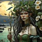 Fantastical portrait of woman with floral wreath by moonlit pond