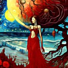 Woman in Red Dress Surrounded by Swirling Colors and Nature Scene