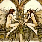 Ethereal beings with golden wings and wreaths in front of Gothic triptych