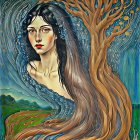 Woman with flowing hair merging with tree and blossoms in Van Gogh style