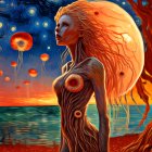 Fantasy illustration: Woman with fiery hair in celestial dress by sea at sunset