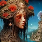 Surreal Face and Tree Blend with Red Foliage and Gears Overlooking Lakeside Scene