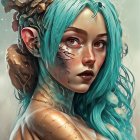 Fantasy elf with blue hair, gold jewelry, and foliage tattoos