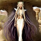 Silver-haired elf woman in purple cape under blooming desert tree in ornate attire