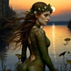 Illustrated woman with long brown hair by tranquil lake at dusk