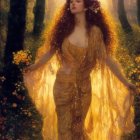 Woman in Golden Dress with Floral Crown in Forest Holding Flower