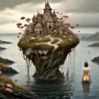 Fantastical floating island with traditional houses, boats, and giant human figure.