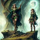 Fantasy characters in green cloaks and armor in mystical landscape