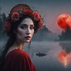 Dark-haired woman in red headwrap pensive by double moonlit water landscape