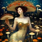 Fantasy painting: Woman with mushroom hat, surrounded by nature.