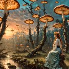 Enormous mushrooms in serene forest with two women in vintage dresses.