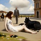 Woman in white dress with black dog, man in suit, and horse near building.