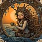 Fantastical painting of young girl with flowing hair in fish-adorned frames against sunset backdrop