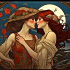 Fantasy women with floral headdresses in moonlit scene.