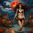 Mystical woman with flowing hair in water surrounded by lotuses and butterflies under full moon