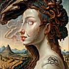 Surreal artwork of woman with flowing hair and nature elements